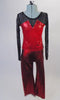 Two-piece costume has a long mesh sleeved top with sheer black upper and metallic red bodice with angled bust-line and crystal accents. The matching red pull-on pants complete the look. Front