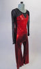 Two-piece costume has a long mesh sleeved top with sheer black upper and metallic red bodice with angled bust-line and crystal accents. The matching red pull-on pants complete the look. Side