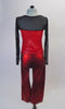 Two-piece costume has a long mesh sleeved top with sheer black upper and metallic red bodice with angled bust-line and crystal accents. The matching red pull-on pants complete the look. Back