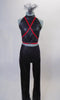 Black sparkle fabric halter neck half top has long red attached straps that wrap around front and back bodice in a cross pattern forming a large “X”.  The matching pull-on pants compliment the halter perfectly for a simple look that makes a bold statement. Comes matching hair accessory. Front