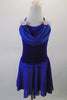 Royal blue camisole leotard dress has velvet bodice with chiffon cowl neck and high-low skirt. Pink roses accent the bust. Comes with a matching floral hair accessory. Front