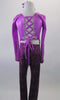 Purple unitard is actually two parts joined at the waist by a series of looped rings. The glitter dot scoop-neck half top has long sleeves and a fully lace-up back. The pants are a snake-skin print in shades of pinks and purples. Comes with a hair accessory. Back