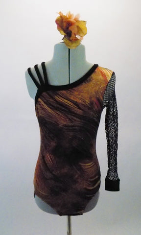 Wild brown velvet animal print leotard has single stretch mesh long sleeve. The right shoulder has three angled velvet straps for an asymmetrical effect.  Comes with a hair accessory. Front