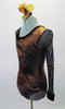 Wild brown velvet animal print leotard has single stretch mesh long sleeve. The right shoulder has three angled velvet straps for an asymmetrical effect.  Comes with a hair accessory. Left side