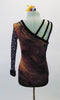 Wild brown velvet animal print leotard has single stretch mesh long sleeve. The right shoulder has three angled velvet straps for an asymmetrical effect.  Comes with a hair accessory. Back
