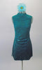 Lovely teal chiffon tunic dress has a delicate floral pattern with sequined accents. The open keyhole back gives it a revealing flare. Comes with a floral hair accessory. Front