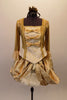 Baroque gold ballet costume has gold brocade over-lay that reveals a ruffled petticoat. The gold 3/4 sleeved top has brocade ruffle & gold bows. The front bodice has princess cut “V” front with peplum and brocade center panel accented with gold bows and grommet back lace back. Front