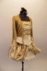 Baroque gold ballet costume has gold brocade over-lay that reveals a ruffled petticoat. The gold 3/4 sleeved top has brocade ruffle & gold bows. The front bodice has princess cut “V” front with peplum and brocade center panel accented with gold bows and grommet back lace back. Right side