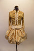 Baroque gold ballet costume has gold brocade over-lay that reveals a ruffled petticoat. The gold 3/4 sleeved top has brocade ruffle & gold bows. The front bodice has princess cut “V” front with peplum and brocade center panel accented with gold bows and grommet back lace back. Back