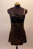 Single shoulder dress has black bodice accented with crystals and ring accent at one shoulder and a nude elastic on the other. The skirt portion is entirely covered in small square gold sequins that make the costume pop on stage. Comes with matching hair barrette. Front