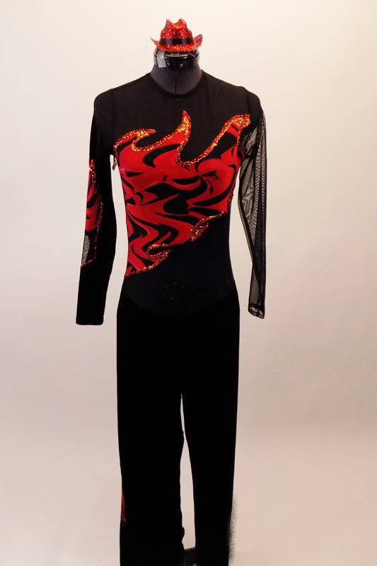 Long sleeved black mesh unitard has red flame accents on the bust, back and sleeves. The pant portion is a straight cut black velvet and the unitard zips at the back. Comes with red mini hat accessory. Front