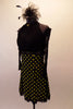 Black gathered halter bodice has greenish crystal accents at high neck and lime yellow polka dots skirt with lace waistband. The matching lace gauntlets and black headband accessory completes the look. Side