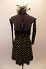 Black gathered halter bodice has greenish crystal accents at high neck and lime yellow polka dots skirt with lace waistband. The matching lace gauntlets and black headband accessory completes the look. Back