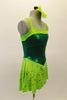Emerald green leotard tank dress has apple green accent at bust and a chiffon floral apple green short skirt. Shows beautifully on stage. Comes with a floral hair accessory. Right side