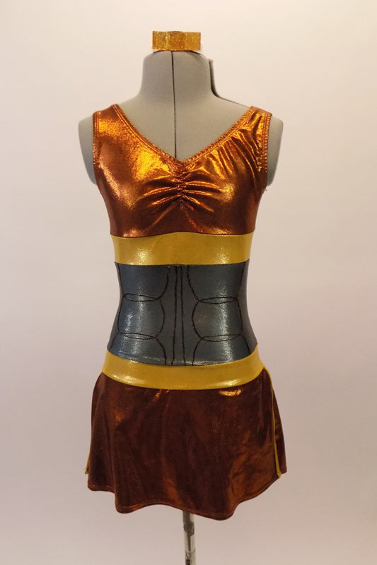 Unique leotard tank dress is a combination of bronze, gold and silver horizontal sections with black hoop designs on the center torso. The bust area is gathered for nicer lines. Comes with matching hair barrette. Front