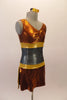 Unique leotard tank dress is a combination of bronze, gold and silver horizontal sections with black hoop designs on the center torso. The bust area is gathered for nicer lines. Comes with matching hair barrette. Side