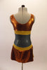 Unique leotard tank dress is a combination of bronze, gold and silver horizontal sections with black hoop designs on the center torso. The bust area is gathered for nicer lines. Comes with matching hair barrette. Back