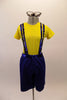 Blue long shorts have double sequined suspenders. that compliment the bright yellow stretch t-shirt. Comes with large plastic glasses. Front