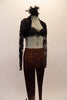 Brown and black crackle patterned leggings are accompanied by a black satin bra (32A), a long-sleeved black lace shrug. Comes with black feather hair accessory. Side