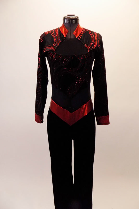 Long sleeved unitard is a black velvet base and zip back. The top portion has glitter swirls and red mandarin collar and cuffs. The waist is a sheer black mesh with shiny red band that comes to a point. Comes with a hair accessory. Front