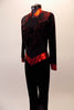 Long sleeved unitard is a black velvet base and zip back. The top portion has glitter swirls and red mandarin collar and cuffs. The waist is a sheer black mesh with shiny red band that comes to a point. Comes with a hair accessory. Side