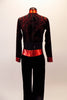 Long sleeved unitard is a black velvet base and zip back. The top portion has glitter swirls and red mandarin collar and cuffs. The waist is a sheer black mesh with shiny red band that comes to a point. Comes with a hair accessory. Back
