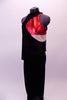 2-piece costume features black velvet pants and a red swirled tank top with large red and nude circle insert that wraps along the left side below the arm. Comes with a hair accessory. Front