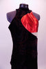 2-piece costume features black velvet pants and a red swirled tank top with large red and nude circle insert that wraps along the left side below the arm. Comes with a hair accessory. Front zoomed