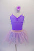 Pale lavender leotard has pinched front and comes with a pale pink pull-on chiffon fringe ballet skirt. Sheer white and silver fairy wings pin to the back. Comes with a lavender floral hair accessory. Front