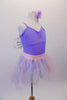 Pale lavender leotard has pinched front and comes with a pale pink pull-on chiffon fringe ballet skirt. Sheer white and silver fairy wings pin to the back. Comes with a lavender floral hair accessory. Side