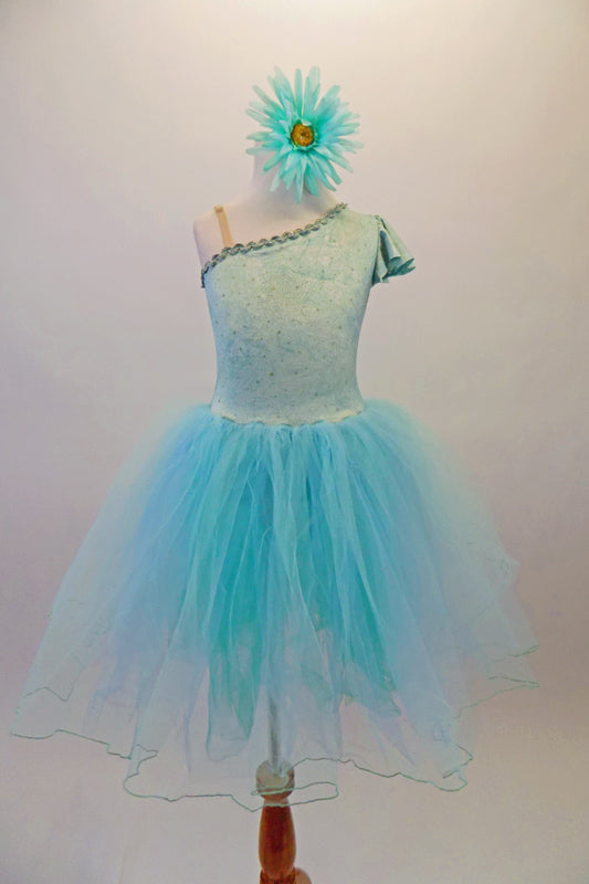 Delicate pale aqua romantic tutu dress has a single shoulder sparkle bodice with sequined trim and butterfly sleeves. Multiple layers of soft aqua tulle comprise the skirt. Comes with a floral hair accessory. Front