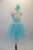 Delicate pale aqua romantic tutu dress has a single shoulder sparkle bodice with sequined trim and butterfly sleeves. Multiple layers of soft aqua tulle comprise the skirt. Comes with a floral hair accessory. Right side
