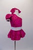 Sweet fuchsia sequined dress has a single shoulder with pouffe sleeve and attached white choker collar. The open shoulder has white shoulder straps that match the white crystalled waistband. Comes with matching sequined hair tie. Right side