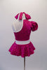 Sweet fuchsia sequined dress has a single shoulder with pouffe sleeve and attached white choker collar. The open shoulder has white shoulder straps that match the white crystalled waistband. Comes with matching sequined hair tie. Back
