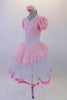 Delicate romantic tutu dress has pale pink lace bodice and overlay with pouffe sleeves, lace trim and wide gathered waistband. The long white tulle skirt has a pink satin ribbon trim.  Comes with matching floral hair accessory. Side