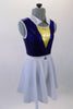 Naval themed two-piece costume has a royal blue metallic effect leotard with triangular gold inlay at bust. The white naval collar compliments the accompanying knee length skirt with crystal anchor detail. Comes with matching captain’s hat. Side