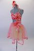 Pretty coral dance dress has coral and yellow mesh skirt with wide ribbon edging. The bodice has 3D applique flowers in shades of coral and a large coral flower accents the left side if the wide grey waistband. Comes with matching floral hair accessory. Left side