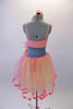 Pretty coral dance dress has coral and yellow mesh skirt with wide ribbon edging. The bodice has 3D applique flowers in shades of coral and a large coral flower accents the left side if the wide grey waistband. Comes with matching floral hair accessory. Back