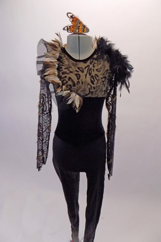 Full black unitard had a brown animal print bust area and long black lace sleeves with twine accents. Brown and black feathers accent the shoulders along with black organza ruffle collar.  Comes with feather hair accessory.  Front