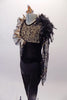 Full black unitard had a brown animal print bust area and long black lace sleeves with twine accents. Brown and black feathers accent the shoulders along with black organza ruffle collar.  Comes with feather hair accessory.  Left side