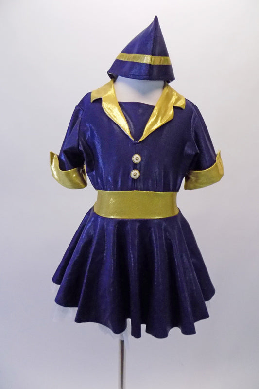 Shiny navy flight attendant themed dress with buttons has gold lapels, cuffs and waistband. The matching attendant hat is a perfect accessory to complete the flight theme. Front