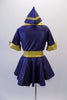 Shiny navy flight attendant themed dress with buttons has gold lapels, cuffs and waistband. The matching attendant hat is a perfect accessory to complete the flight theme. Back