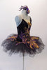 Peacock themed ballet tutu has a black base with beautiful gold & purple embroidered lace designs on the bodice & sheer overlay. The nude straps cross over at the back for good support. The accompanying black pull-on tutu & black briefs create the stunning base. Comes with a large matching hair accessory. Right side