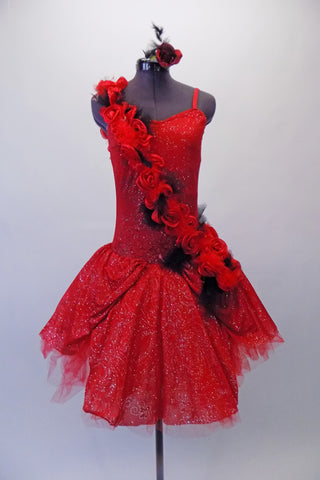 Stunning red romantic tutu is covered with fabulous details.  The red tulle base sits below a red and silver sparkle overlay with gathered bustle sides. An attached 3D sash of red roses and black feathers cascades along the bodice from shoulder to hip.  Comes with a rose hair accessory. Front