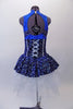 Sparkling costume is a navy blue stretch velvet base with swirls of glittery silver and royal blue. The center of the torso has faux silver boning and corset lace design on royal blue center. The upper bust area is a nude mesh with crystal accented royal blue collar and banding. The peplum skirt gives the costume a cute flirty look. Comes with crystal hair barrette. Back