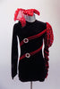 Gothic themed black velvet short unitard has a vampire-like feel with a red tulle boned half stand-up collar. The bodice has two diagonal red velvet accents with crystal ring details. Comes with matching hair bow. Front