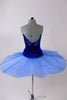 Royal blue ballet bodice is princess cut with low back & clear cross-back straps. Front bust area & upper back have beautiful blue beaded appliques. The matching blue sheer overlay has a velvet bask to compliment the bodice & tiny loopholes to attach to a tutu below. Comes with arm pouffes & appliqued hair accessory. Back