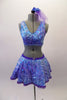 Three-piece costume has a leaf pattern in shades of blues & purples with a hint of a metallic accent. The crystal accented waistband & lace edging of the skirt are purple & accent the main pattern. The costume is scattered with blue & purple crystals throughout. Comes with briefs, gauntlets & hair accessory. Front