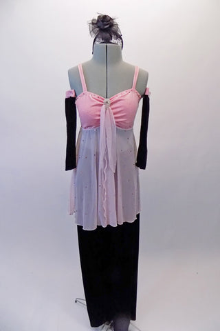 Two-piece costume has black velvet V-waist pants compliment the pale pink velvet & chiffon baby-doll top. The top opens at the front & is scattered with crystals and has a crystal brooch & tie accent at the front center. Comes with matching long pink & black velvet gauntlets & black floral hair-band accessory. Front