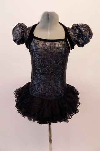 Charcoal crackle stone textured bodice has black piping and a short sassy pouffe sleeved shrug. The open back has double black bra-like straps that peak out beneath the shrug. A sweet multi layered ruffled lace skirt adds a touch of sweetness. Comes with antenna head band. Front